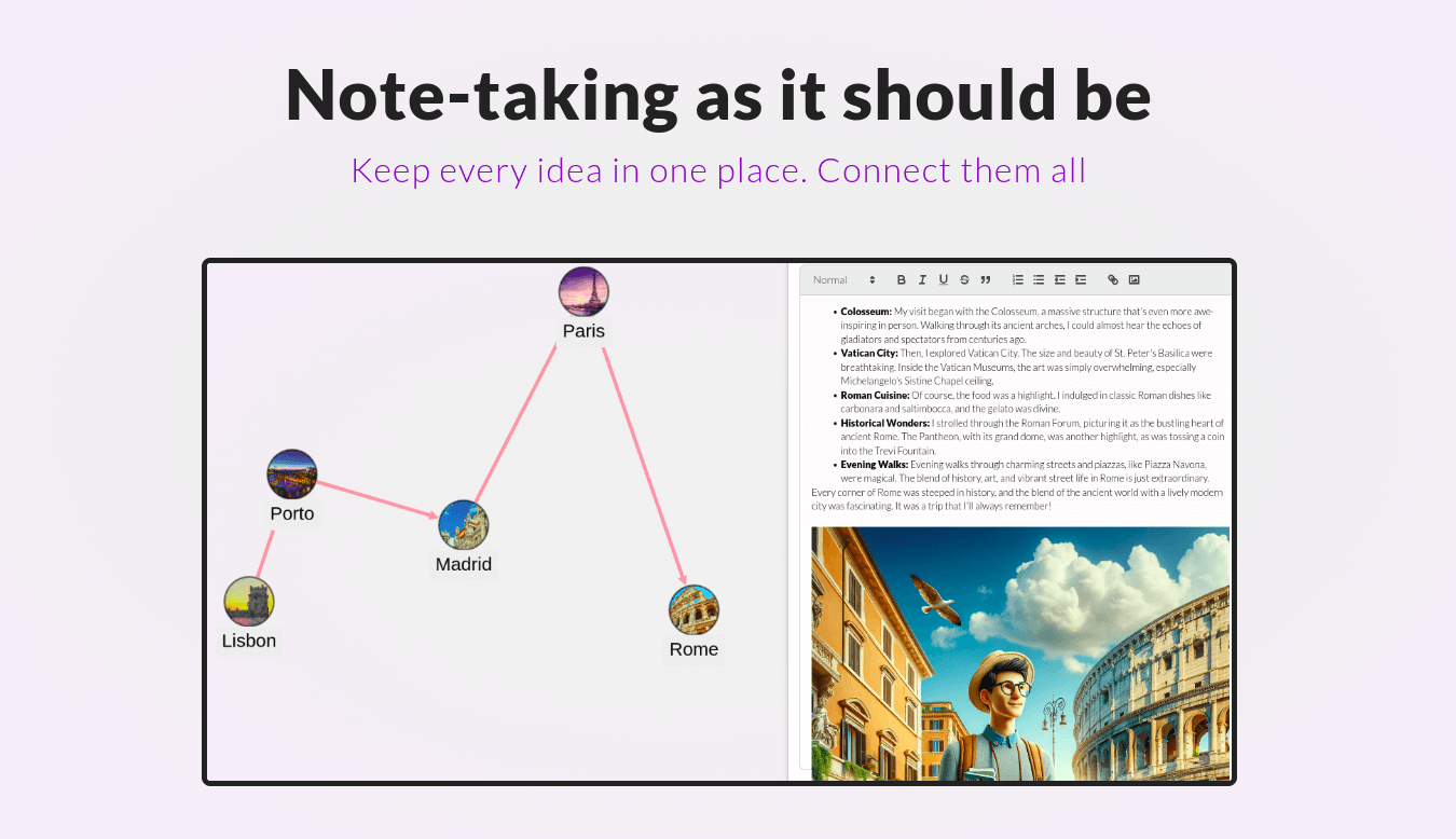 Connection-based Note-Taking. Turn your notes into mind maps. AI assistant.